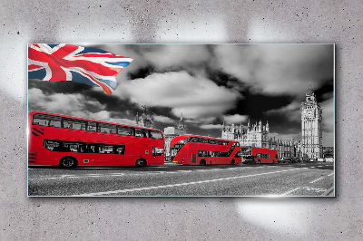 Red London buses with UK flag Wall art on glass