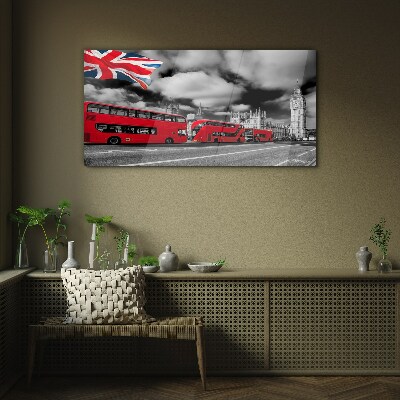 Red London buses with UK flag Wall art on glass