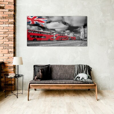 Red London buses with UK flag Wall art on glass