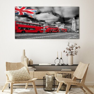 Red London buses with UK flag Wall art on glass