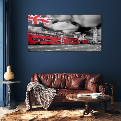 Red London buses with UK flag Wall art on glass