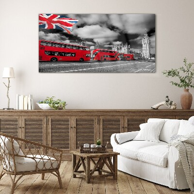 Red London buses with UK flag Wall art on glass