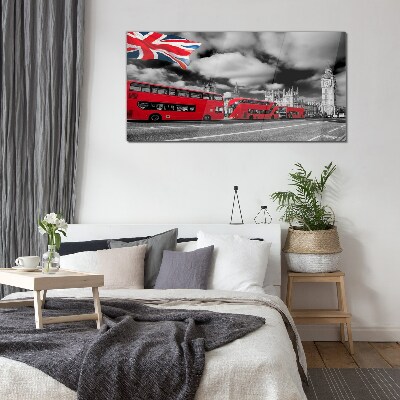 Red London buses with UK flag Wall art on glass