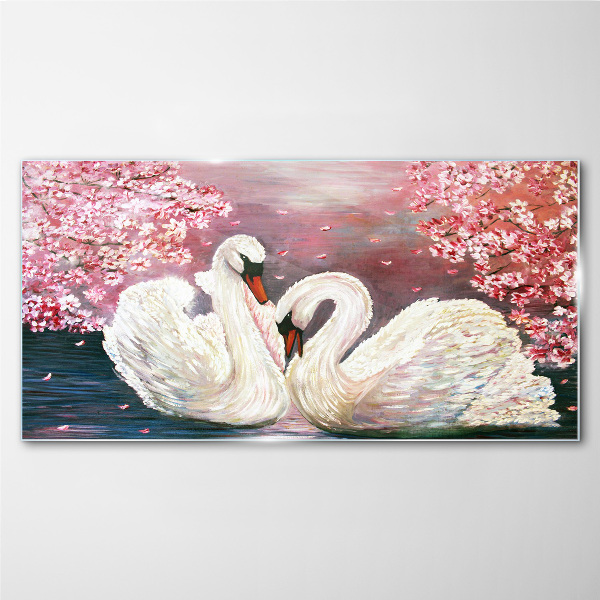 Swan Love in a Blooming Orchard Wall art on glass