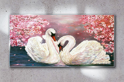 Swan Love in a Blooming Orchard Wall art on glass