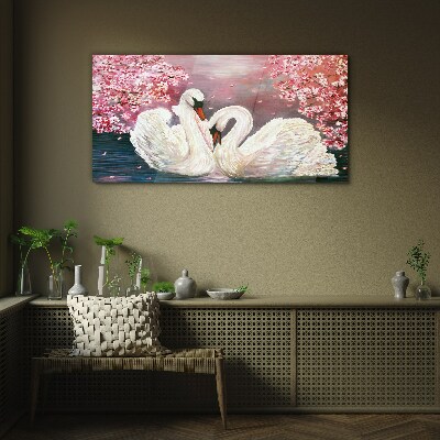 Swan Love in a Blooming Orchard Wall art on glass