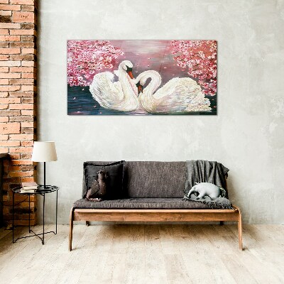 Swan Love in a Blooming Orchard Wall art on glass