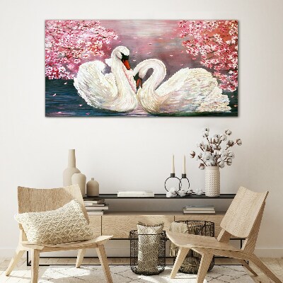 Swan Love in a Blooming Orchard Wall art on glass