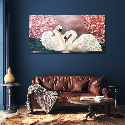 Swan Love in a Blooming Orchard Wall art on glass