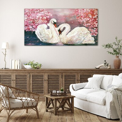 Swan Love in a Blooming Orchard Wall art on glass