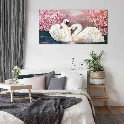Swan Love in a Blooming Orchard Wall art on glass