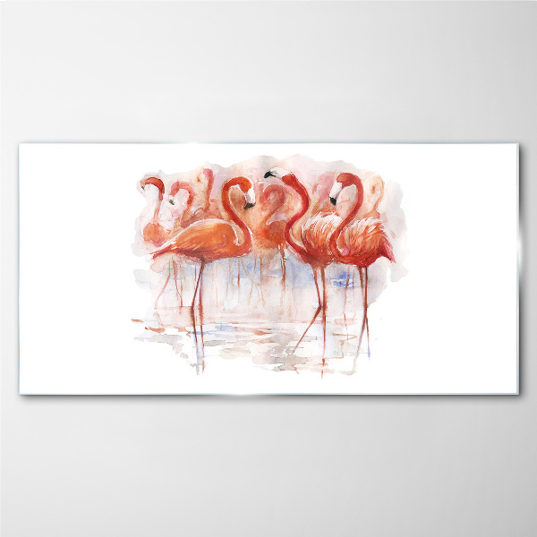 Flamingos on the water background Glass art print