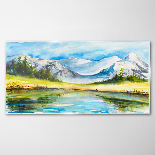 Mountain landscape in watercolor Wall art on glass