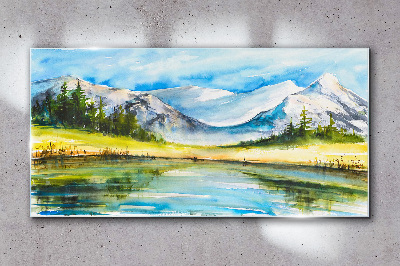 Mountain landscape in watercolor Wall art on glass