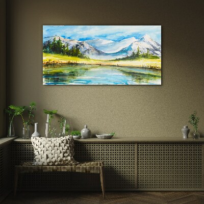 Mountain landscape in watercolor Wall art on glass
