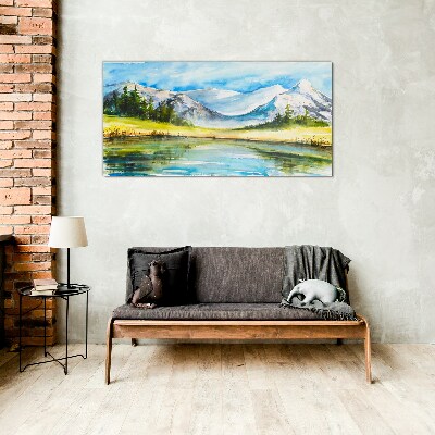Mountain landscape in watercolor Wall art on glass
