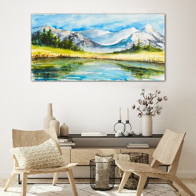 Mountain landscape in watercolor Wall art on glass