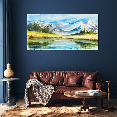 Mountain landscape in watercolor Wall art on glass