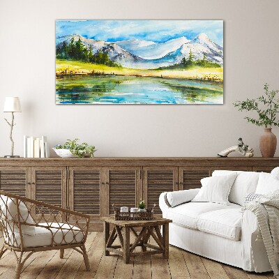 Mountain landscape in watercolor Wall art on glass