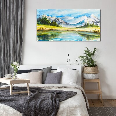 Mountain landscape in watercolor Wall art on glass