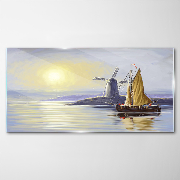 Sea ship the sun mill Glass Wall Art