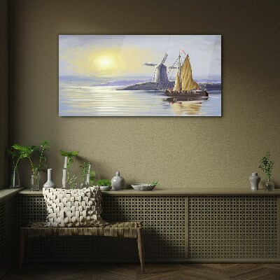 Sea ship the sun mill Glass Wall Art