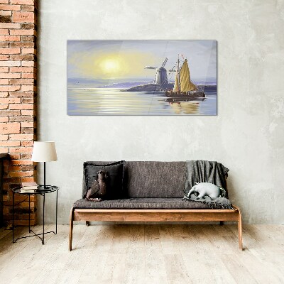 Sea ship the sun mill Glass Wall Art