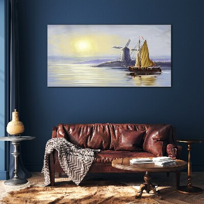 Sea ship the sun mill Glass Wall Art