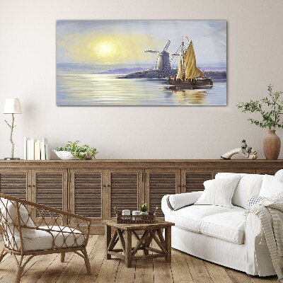 Sea ship the sun mill Glass Wall Art