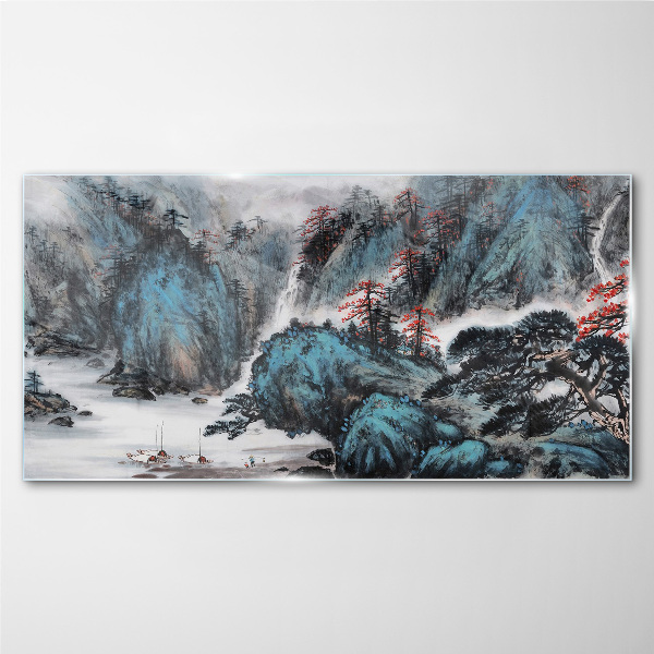 Peaceful mountain landscape with waterfall Glass art print