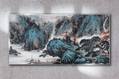 Peaceful mountain landscape with waterfall Glass art print