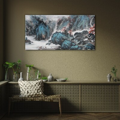 Peaceful mountain landscape with waterfall Glass art print