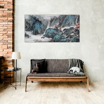 Peaceful mountain landscape with waterfall Glass art print