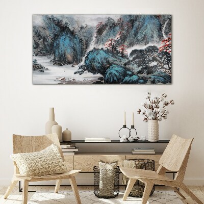 Peaceful mountain landscape with waterfall Glass art print