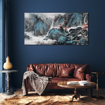 Peaceful mountain landscape with waterfall Glass art print