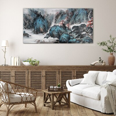 Peaceful mountain landscape with waterfall Glass art print
