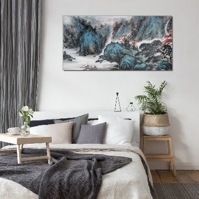 Peaceful mountain landscape with waterfall Glass art print