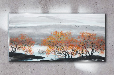 Autumn fog over the lake Wall art on glass