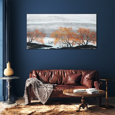 Autumn fog over the lake Wall art on glass