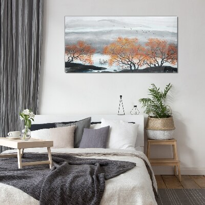 Autumn fog over the lake Wall art on glass