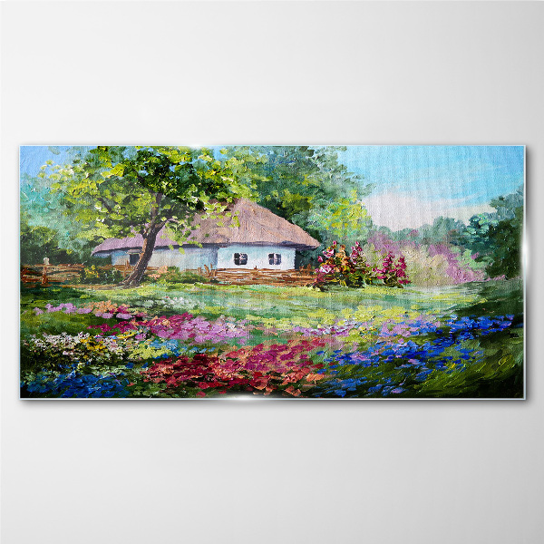Rural landscape with flowers Wall art on glass