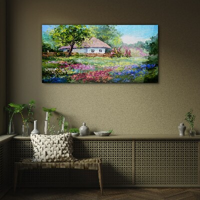 Rural landscape with flowers Wall art on glass