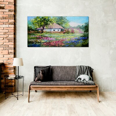 Rural landscape with flowers Wall art on glass