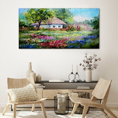 Rural landscape with flowers Wall art on glass
