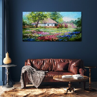 Rural landscape with flowers Wall art on glass