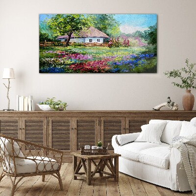 Rural landscape with flowers Wall art on glass