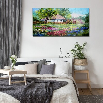 Rural landscape with flowers Wall art on glass
