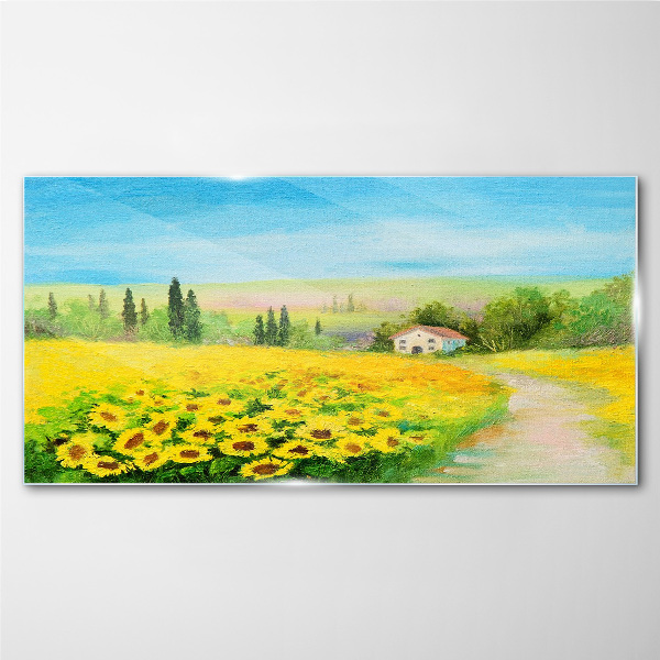 Sunflowers against a blue sky Glass art print