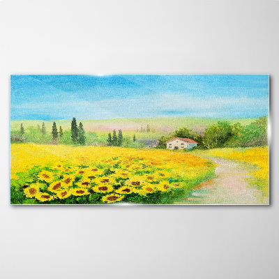 Sunflowers against a blue sky Glass art print