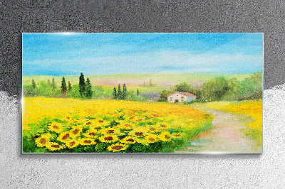 Sunflowers against a blue sky Glass art print